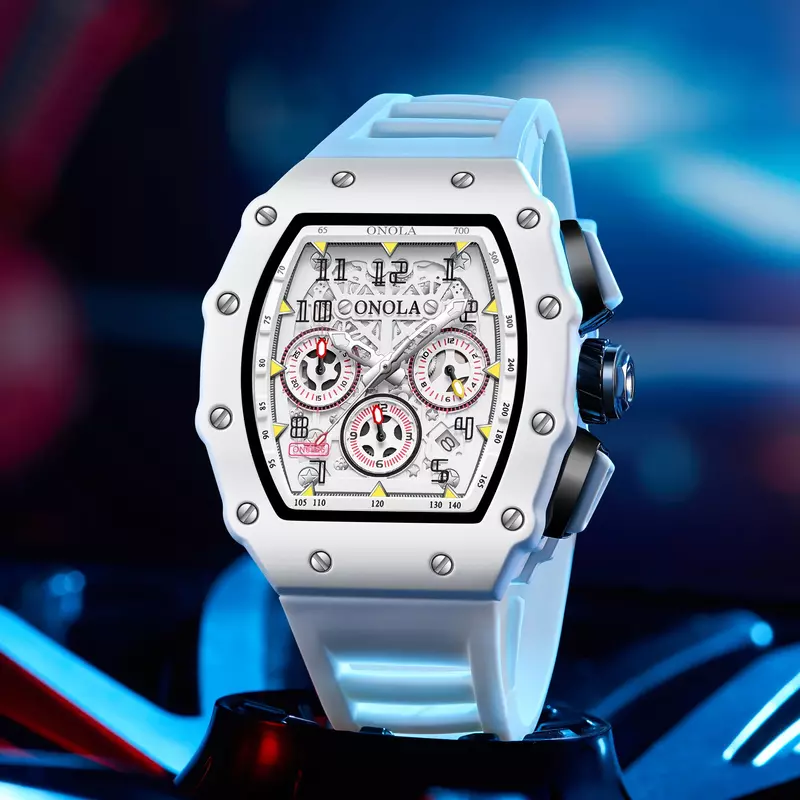 Modny zegarek męski ONOLA casualowa taśma wielofunkcyjna silikonowa wodoodporne zegarki kwarcowe białe