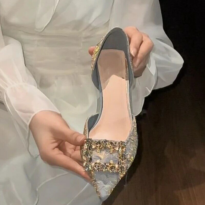 2024 New Summer Crystal Buckle High Heels Women's Folded Pink Silk High Heels Water Diamond Wedding Shoes