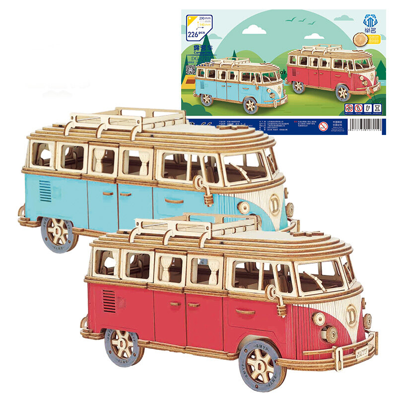 Retro Bus stile europeo camper 3D Puzzle per auto in legno fai da te nave a vela aereo costruzione casa modello Jigsaw Toys For Children