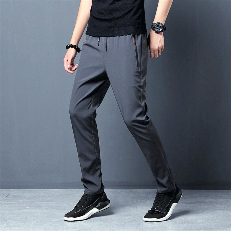 Брюки мужские повседневные длинные, модные эластичные штаны, тонкие свободные быстросохнущие спортивные джоггеры, цвет черный/серый, лето