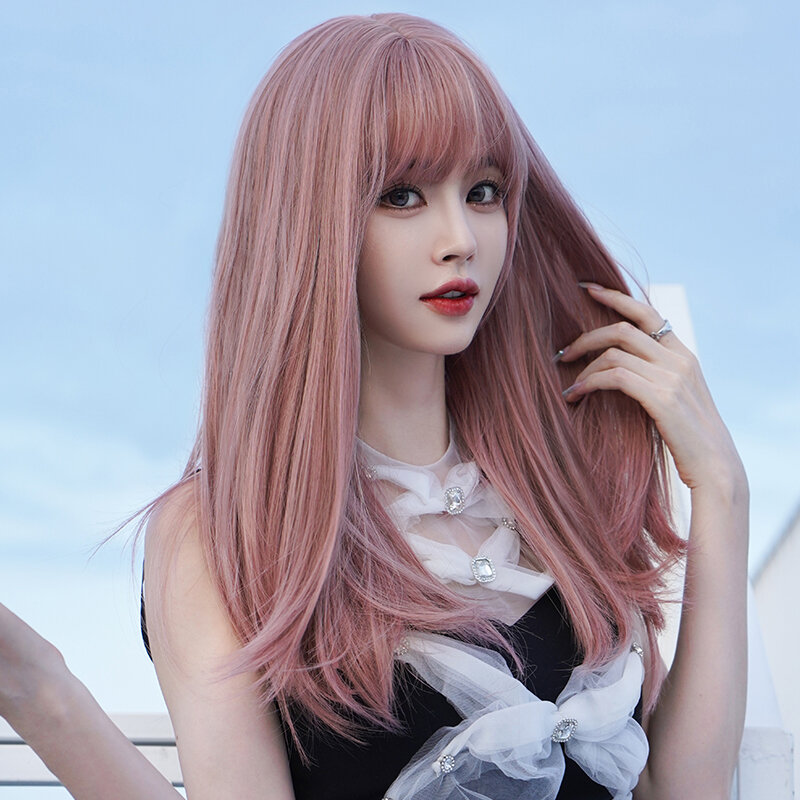 7JHH WIGS Lolita Wig Synthetic Orange Pink Wigs with Curtain Bangs High Density Shoulder Length Colorful Hair Wig for Women