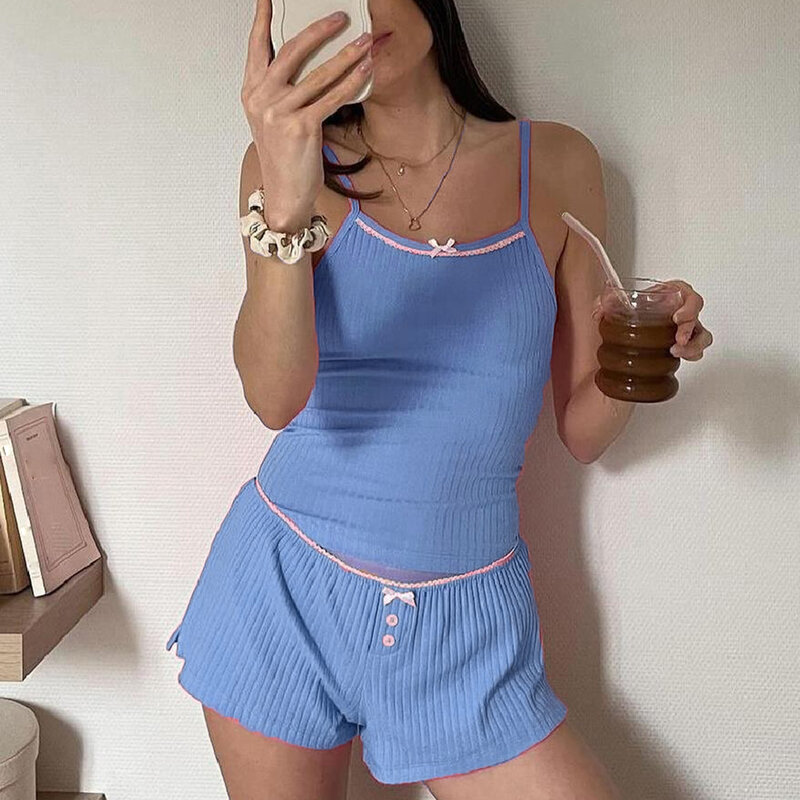 hirigin Women y2k Aesthetic 2 Piece Lace Outfits Sleeveless V Neck Bow Cami Tops with Button Shorts Pajamas Sets Sleepwear 2024