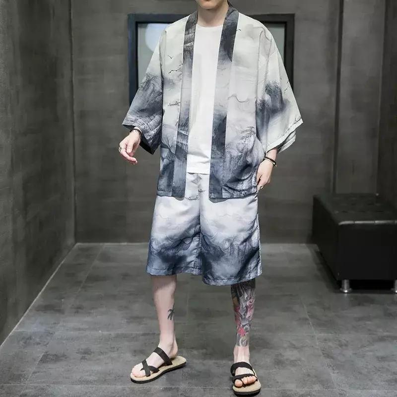 Kimono Strickjacke Anzug Männer Japanischen Sommer Shorts Set Yukata männer Haori Obi Japanischen Welle Druck Mantel Traditionellen Japan Kleidung