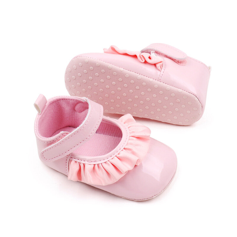 Sepatu bayi perempuan baru lahir 0-18 bulan, kulit Pu sepatu balita sol lembut antiselip sepatu putri bayi pertama jalan
