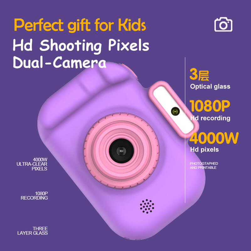 Kamera Selfie anak-anak, mainan elektrik anak-anak kamera Selfie 4000W piksel layar HD 1080P biru ungu dengan kamera ganda untuk bayi Camara Foto Infantil