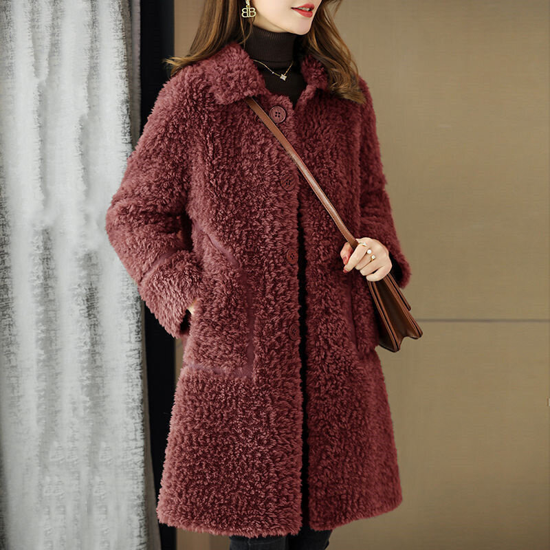 Female Winter Slim Grain Wool Middle Long Coat Women New Middle-Aged And Elderly Cashmere Thickened Imitation Lamb Wool Overcoat
