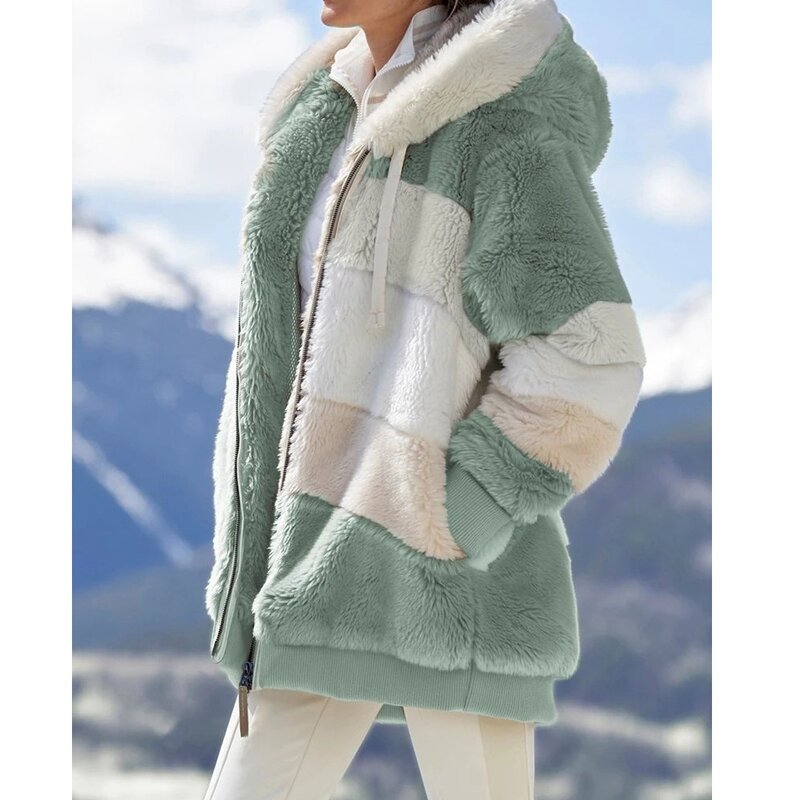 Abrigo con capucha y cremallera para mujer, chaqueta gruesa de Cachemira con costuras a cuadros, moda de invierno, 2023