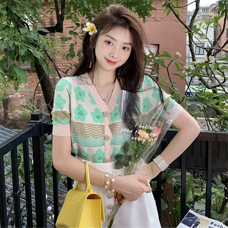 Summer Cute Women Cardigan V-Neck Short Sleeve Flower Beaded Hollow Out Knitted Sweater New Fashion Loose Temperament Sweater