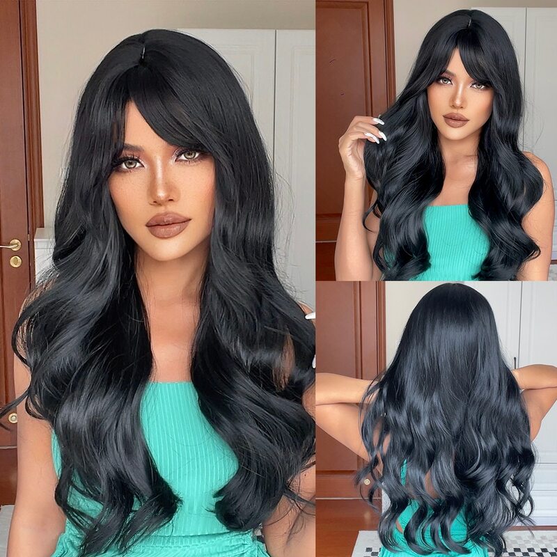 Long Black Wavy Synthetic Wigs with Bangs for Women Body Wave Wigs Cosplay Daily Natural Use Hair Heat Resistant