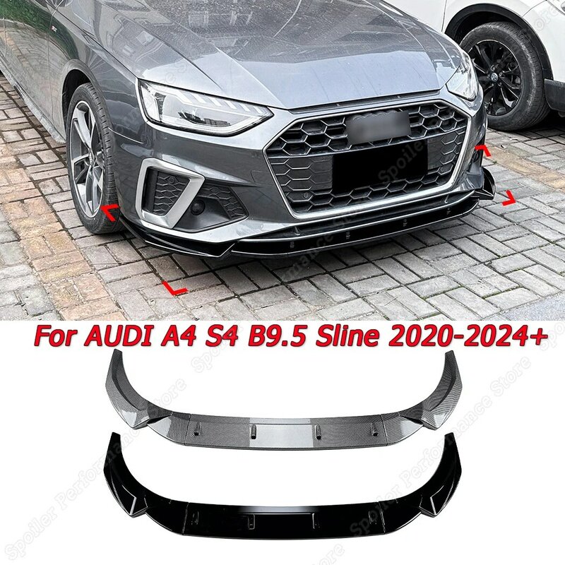 3Pcs Car Front Bumper Lip Splitter Spoiler Gloss Black Or Carbon Look Body Kit For AUDI A4 S4 B9.5 Sline Decoration 2020-2024+