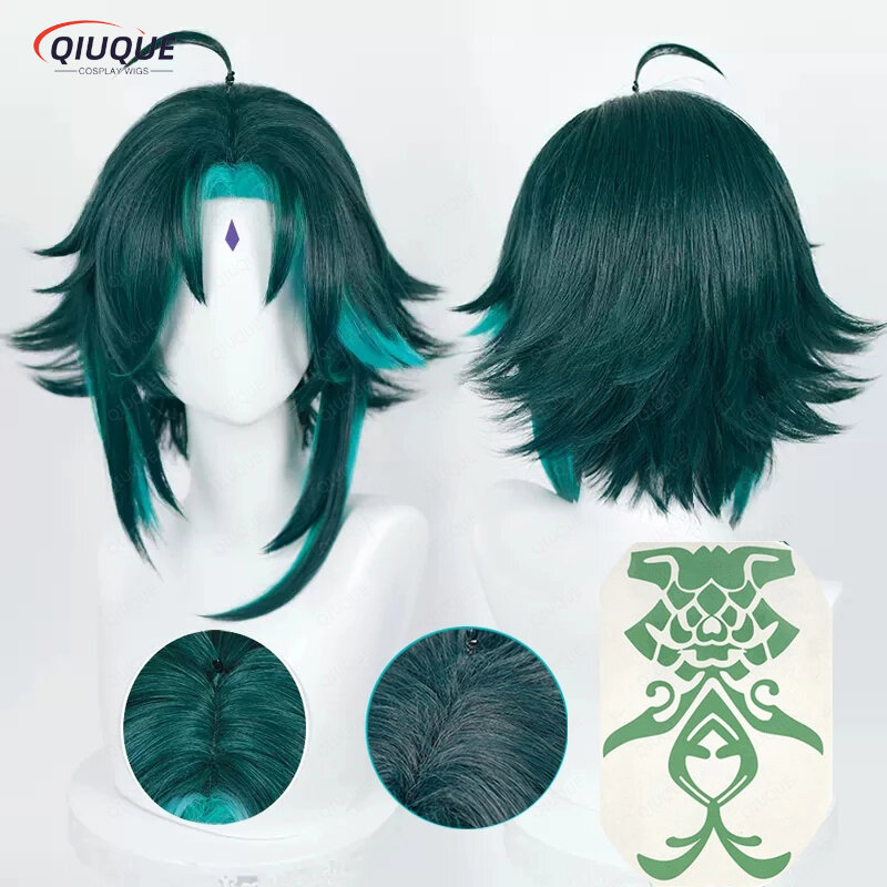 Alta qualidade Xiao Cosplay peruca, cabelo sintético reto curto, verde escuro, resistente ao calor, novo, boné