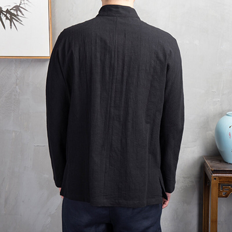 Men Chinese Traditional Kung Fu Tai Chi Coat Tang Suit Uniform Jacket Clothing Long Sleeve Blouse Retro Shirt Button Up Hanfu