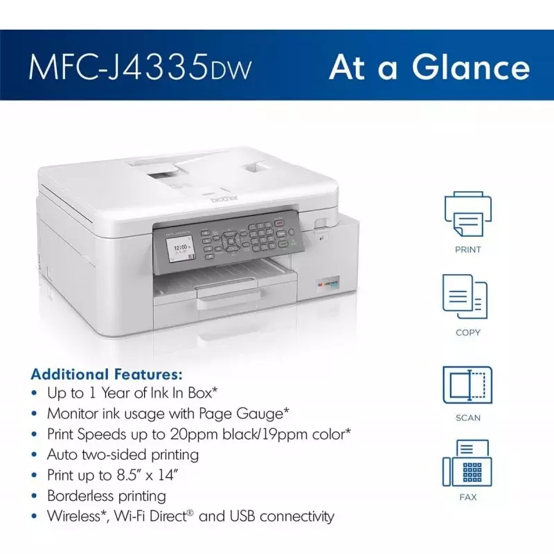 Brother MFC-J4335DW чернильный резервуар, универсальный принтер с дуплексной и беспроводной печатью, плюс до 1 года использования чернил в коробке