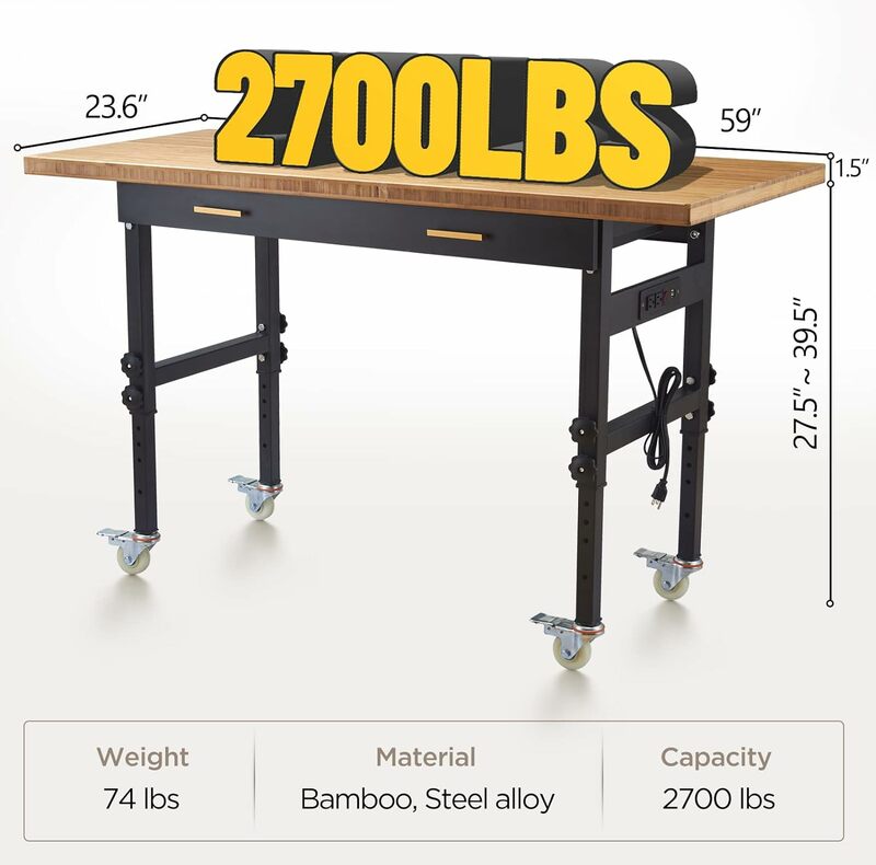 Work Bench, Workbench with Drawer, Power Outlet, Wheels, 59×23.6" Heavy Duty Adjustable Work Table for Garage, Workshop, Home