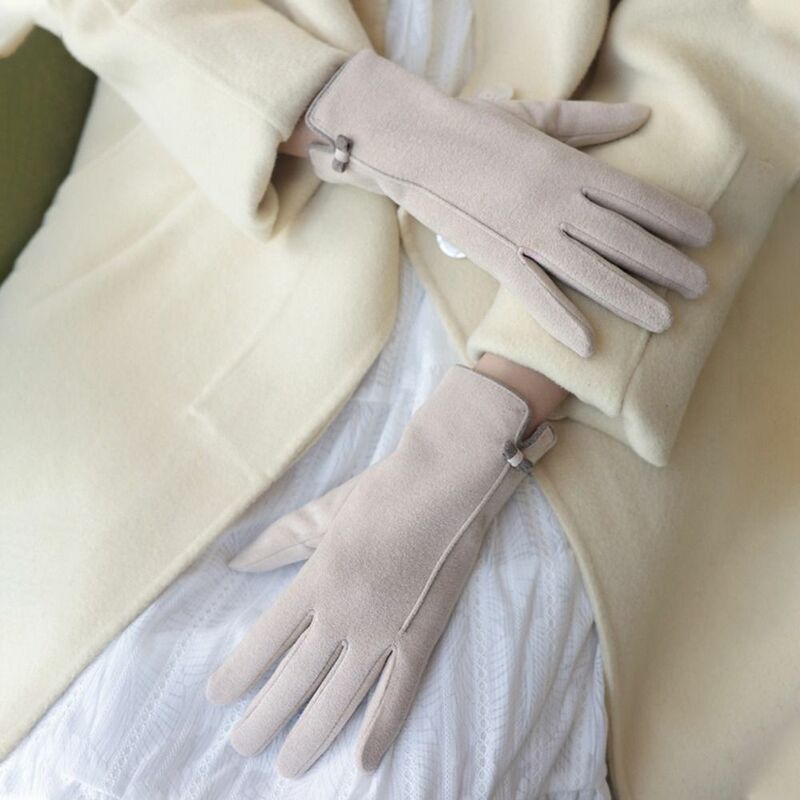Cute Solid Color Winter Gloves Bow Wool Mittens Plus Velvet Full Finger Gloves Female Gloves Plush Gloves Touch Screen Gloves