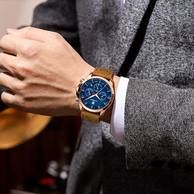 POEDAGAR Men Quartz Watch Luxury Sports Waterproof Chronograph Luminous Date Man Wristwatch Business Leather Men's Watches Clock