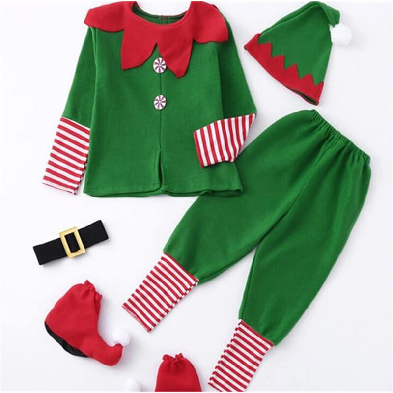 Disfraz de elfo de Navidad para hombre y mujer, traje de ayudante de Papá Noel, familia, verde y rojo, Unisex