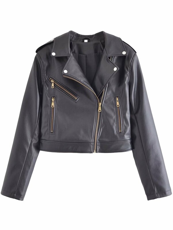 New Women Spring Autumn Black Faux Leather Jackets Zipper Basic Coat Turn-down Collar Motor Biker Jacket With Belt Black Coat