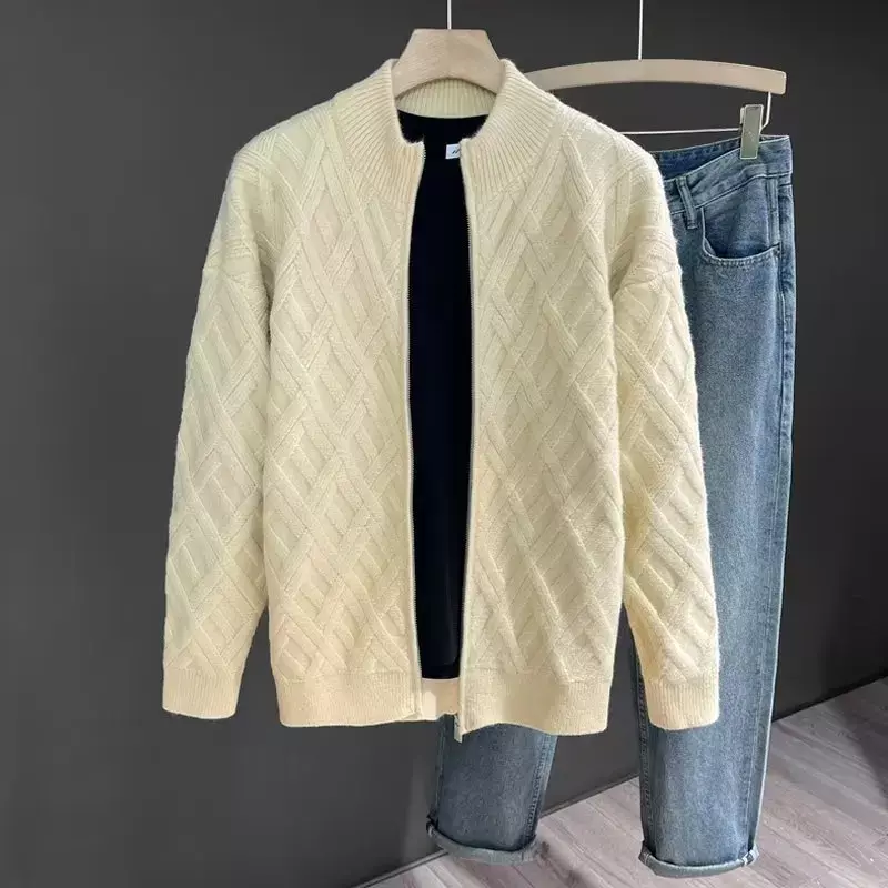 Autumn And Winter Men's Warm Knitted Cardigan Sweater Solid Color Splicing Jacquard Drop Shoulder Sleeve Casual Jacket