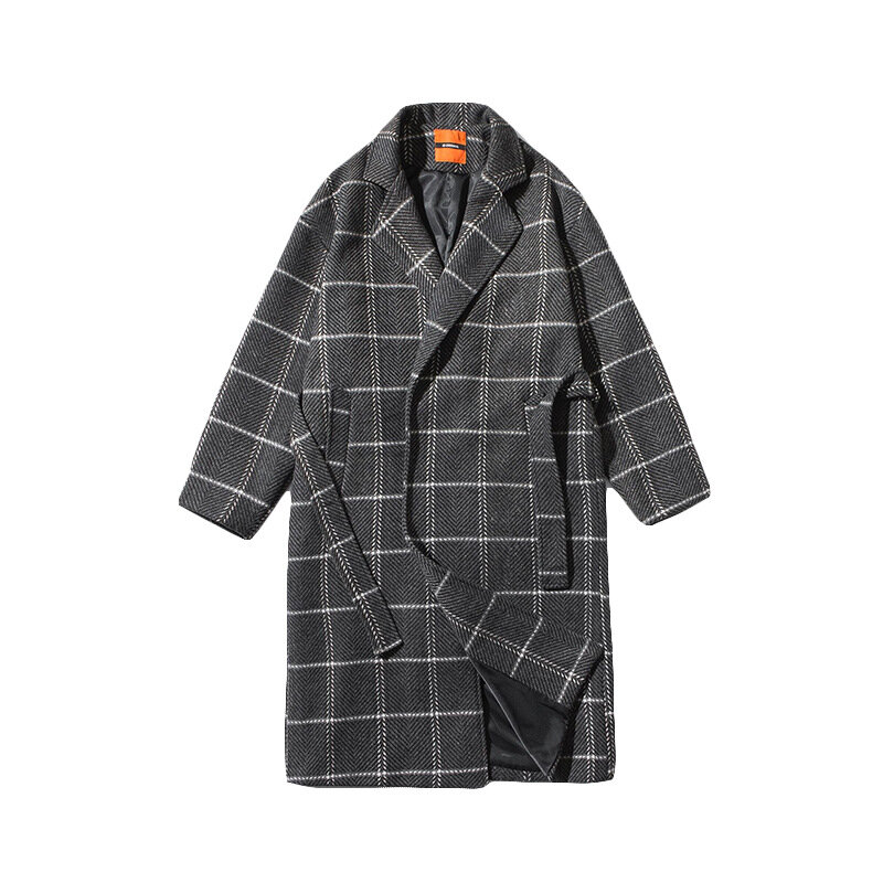 Men's Autumn and Winter Checked Coat Korean Version Trend Medium Length Woolen Coat Student Couple Trench Fashion