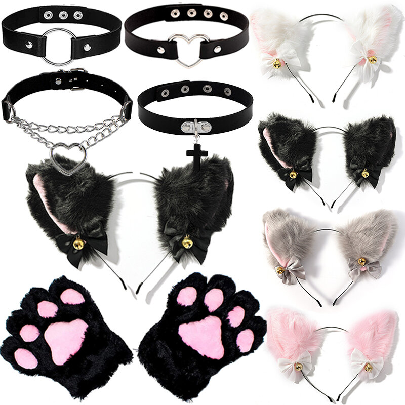 Diadema con orejas de gato para niña, 1 Juego de guantes de garra, disfraz de Cosplay de Anime, campana de felpa, diadema de oreja de piel de gato, diademas de Club de fiesta nocturna
