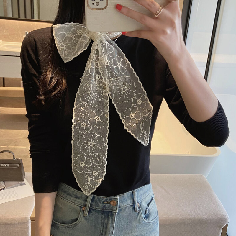 Fashion Lace Hair Band Women Neck Scarf Floral Print Headband Silk Bag Scarves Female Long Hairband Cute Neck Scarfs For Ladies