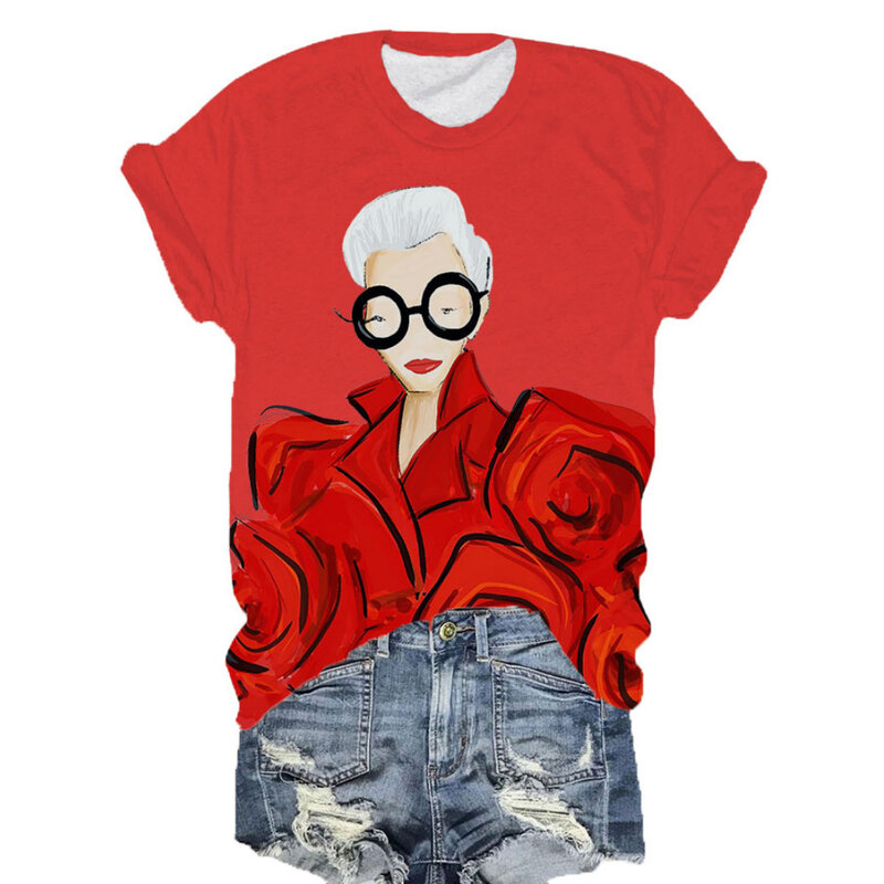 女性のためのバラの漫画のキャラクターTシャツ,3Dプリントの原宿服,カジュアル,半袖,ラウンドネック,特大の女性の服