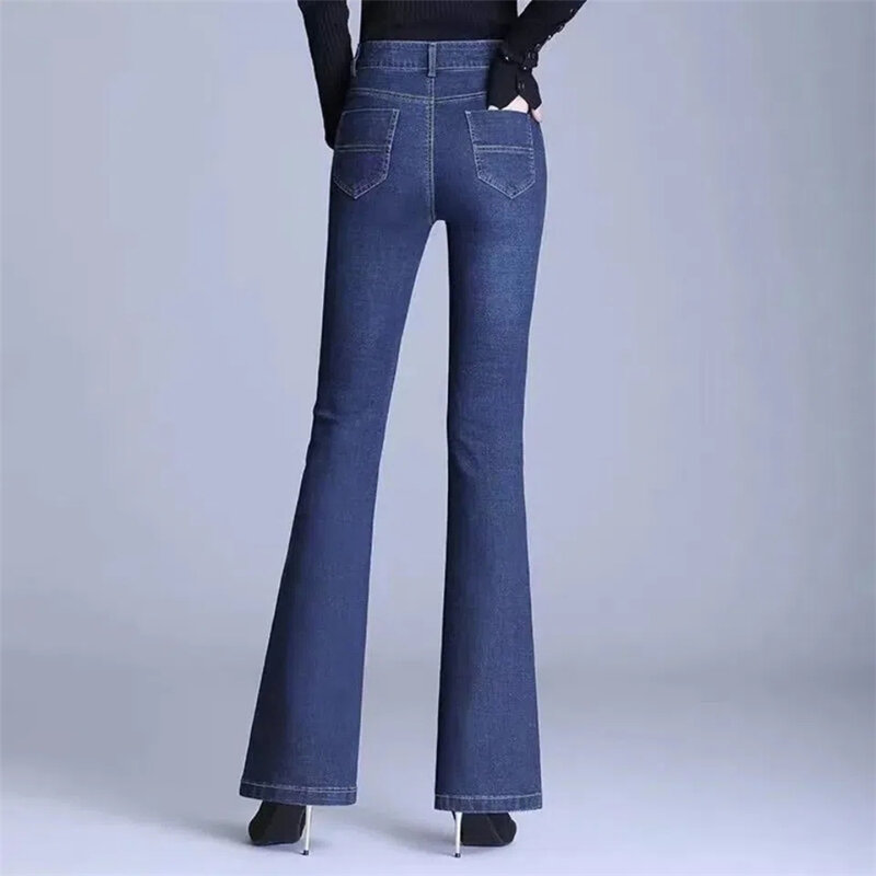 Estiramento do escritório de cintura alta magro flare jeans clássico feminino em linha reta calças jeans vintage magro vaquero coreano pantalones
