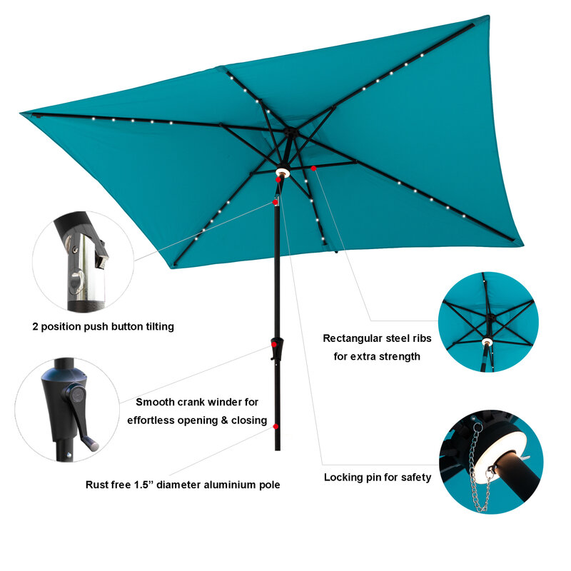 Parapluie rectangulaire avec lampes solaires LED, Patio extérieur, marché, 6.5x10 pieds