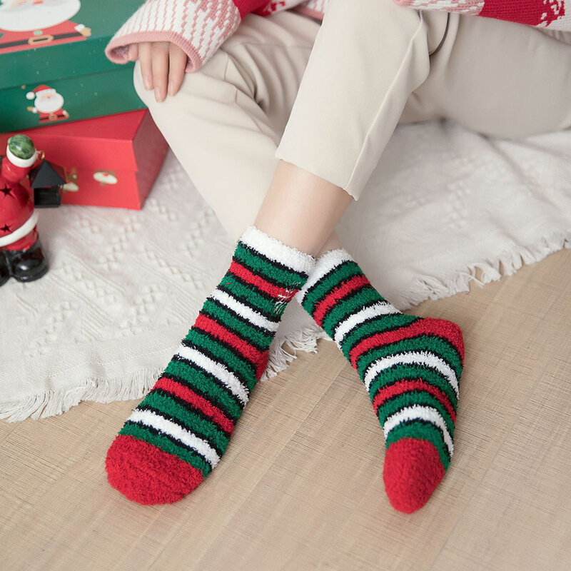 Christmas Coral Fleece Socks Cute Santa Claus Striped Women Socks Winter Thick Warm Fluffy Home Floor Sleep Socks New Year Gifts