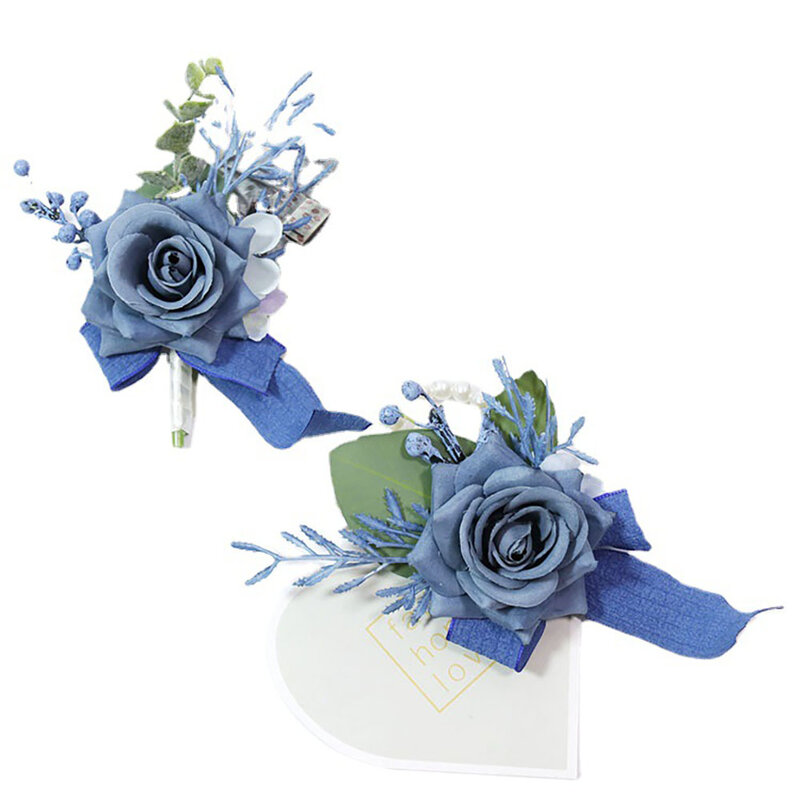 결혼식용 진한 파란색 부토니에르, 인공 꽃 코사지 팔찌, 신부 들러리 신랑 핀, 수제 악세리아
