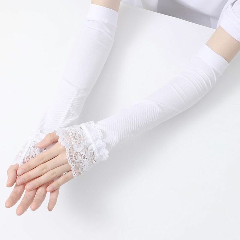 ถุงมือยาวแขนเสื้อระบายความร้อน UV ป้องกันแสงแดดถุงมือลูกไม้ตาข่ายแขนยาวผ้าไอซ์ซิลค์สำหรับฤดูร้อน