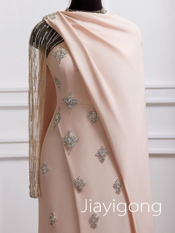 Gaun Prom Jersey malam manik-manik pesta pernikahan A-line kerah tinggi Bespoke gaun acara gaun Midi Gaun Arab Saudi