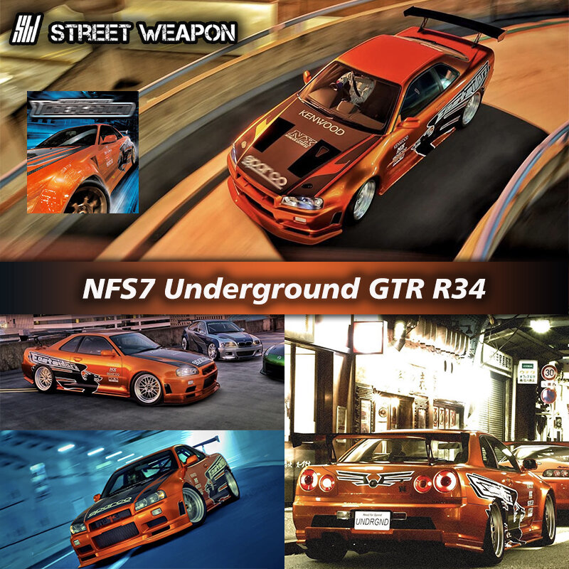 Прессование SW 1:64 NFS 7 Underground GTR R34 Коллекционная литой модели автомобиля, миниатюрные игрушки для машинок, уличное оружие