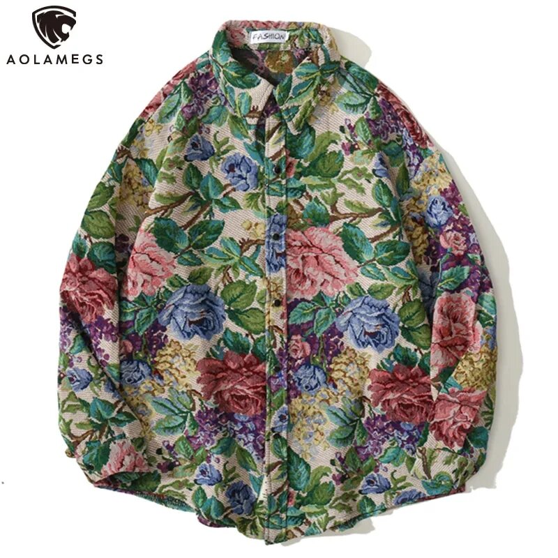 Aolamegs Hemd Männer Vintage Aquarell Floral Print Übergroßen Shirts Mantel Herbst Retro Harajuku Hip-Hop-Mode Lässig Streetwear