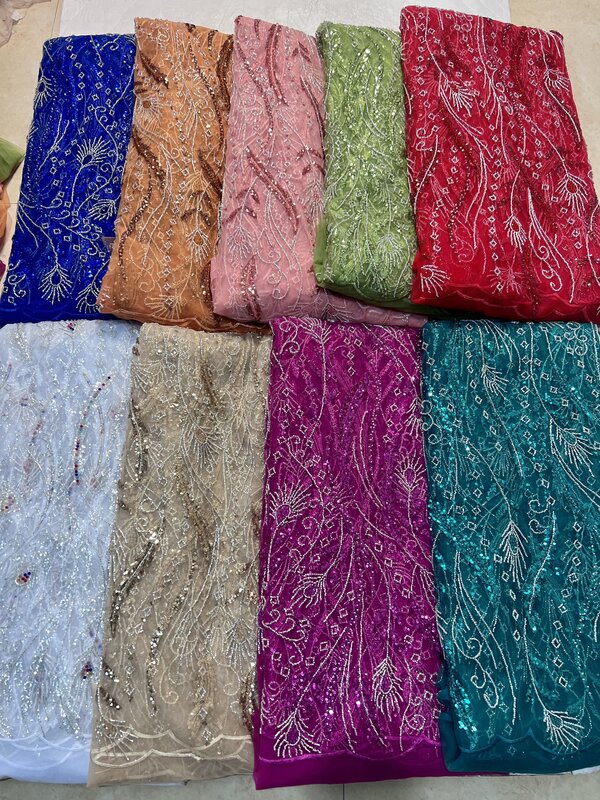 African Handmade Sequins Net Pearls Lace Fabric 2024 French Heavy Beaded Tulle Lace Fabric For Bridal Party Dress Material L1009