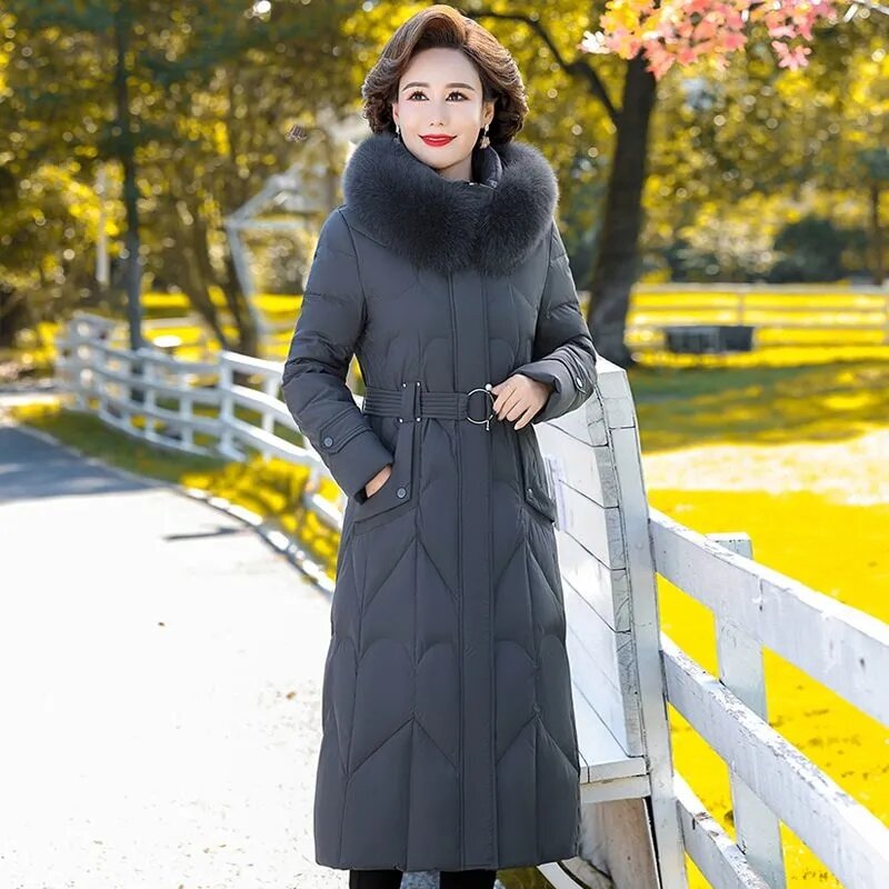 Abrigo de plumón de pato blanco para mujer, parka larga con capucha, chaqueta acolchada con cuello de piel grande elegante con cinturón, novedad de invierno, 2023