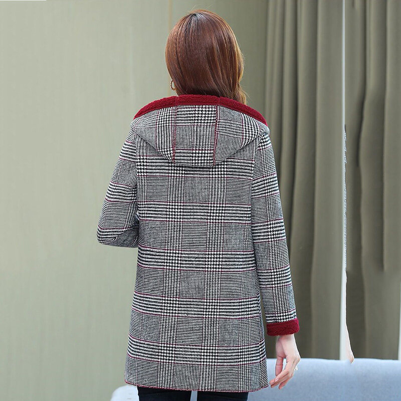 중간 길이 벨벳 격자 무늬 코트 여성 상의, 중간 길이 면 패딩 재킷, 따뜻한 방한 오버코트, 겨울