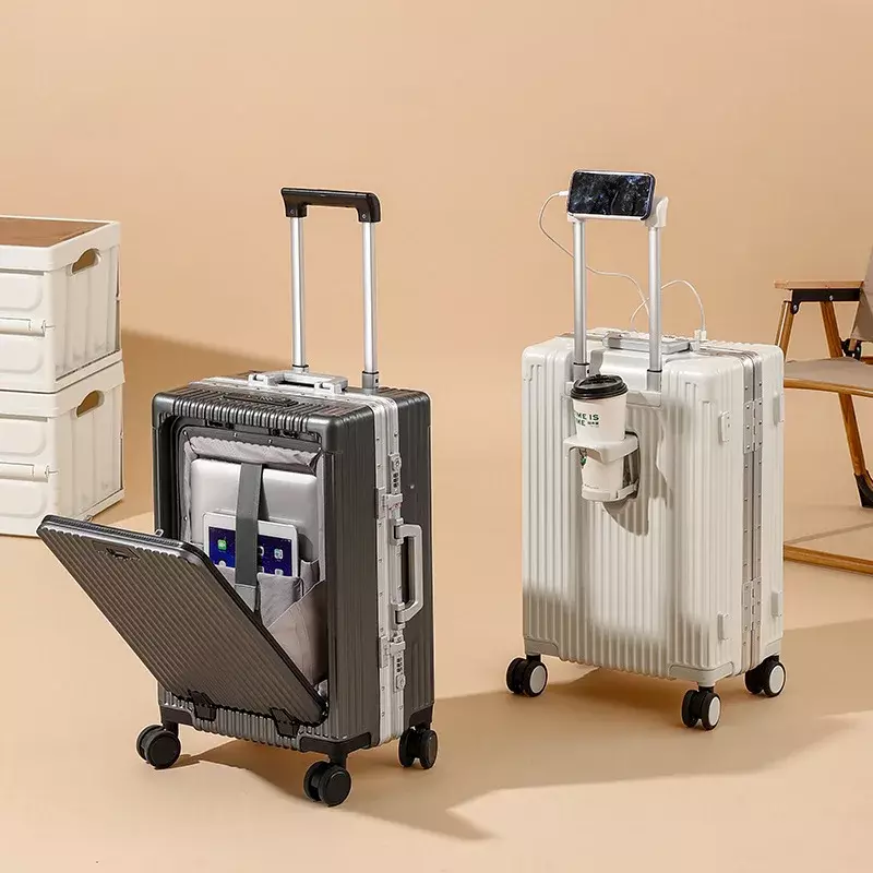 Valigia da 20 pollici apertura anteriore telaio in alluminio rotatore per bagagli portabicchieri USB portacellulare valigia stile cerniera