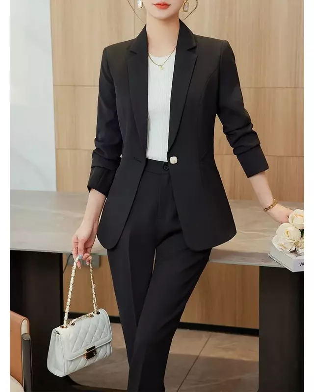 사무실 여성용 블레이저 바지 세트, 여성 비즈니스 작업복 재킷 및 바지, 그린 블루 살구색 블랙 포멀 2 종 세트
