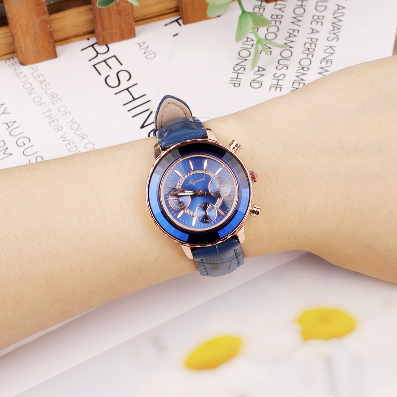 Reloj de pulsera de lujo para mujer, relojes de acero con tres ojos, reloj de cristal azul, 2022