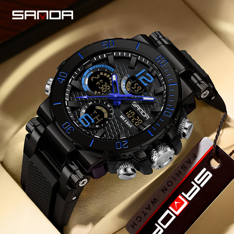 Sanda jam tangan Digital layar ganda pria, arloji 2024 dengan lampu malam, tahan air, Multifungsi, populer, Alarm, jam tangan pria 6167