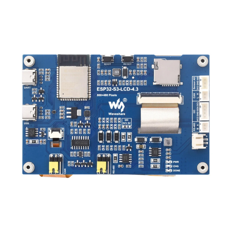 Waveshare-Placa capacitiva do desenvolvimento da exposição do toque, ESP32-S3, 4,3 ", 800 × 480, toque de 5 pontos, 32-Bit LX7, processador do Duplo-Núcleo