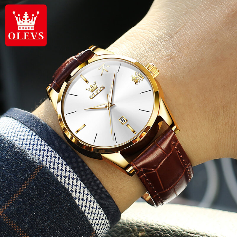 OLEVS-Relógios de quartzo para casal, pulseira de couro, calendário simples, impermeável, luminoso, luxo