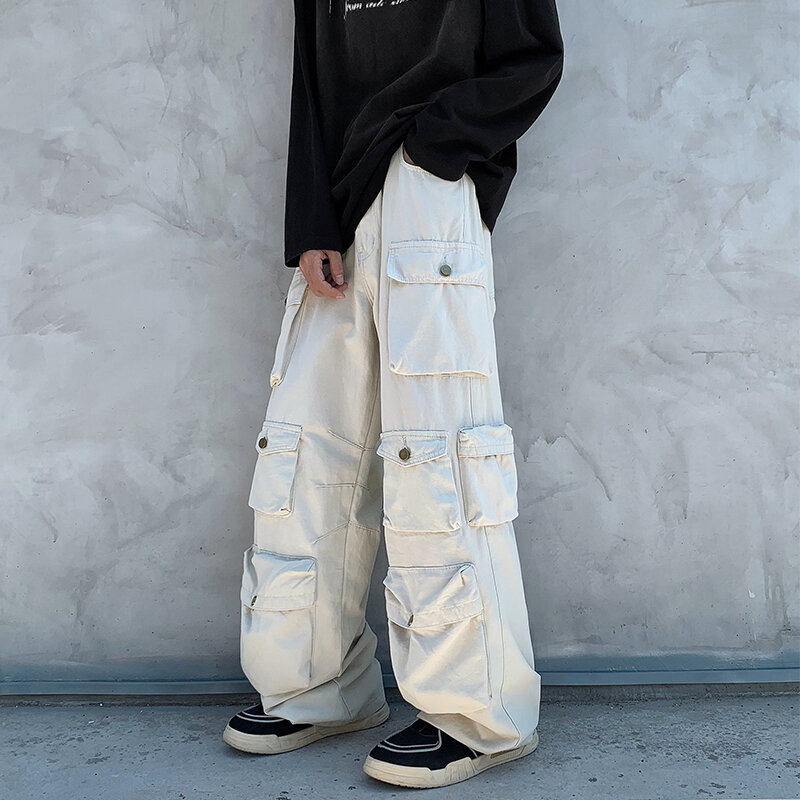 Celana panjang pria Korea, celana panjang kargo ukuran besar, pakaian jalanan katun, celana Sweatpants A34