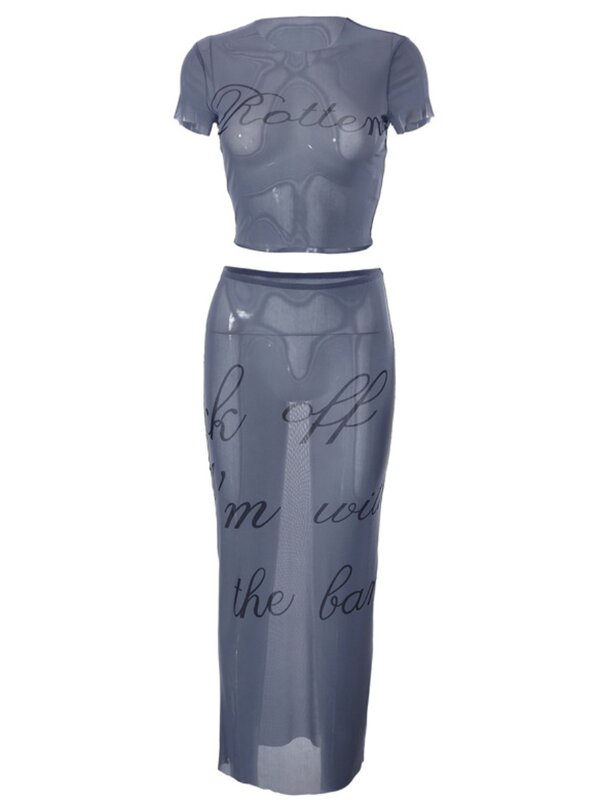 Комплект из двух предметов с юбкой, прозрачный сетчатый топ с круглым вырезом и коротким рукавом и длинная облегающая юбка