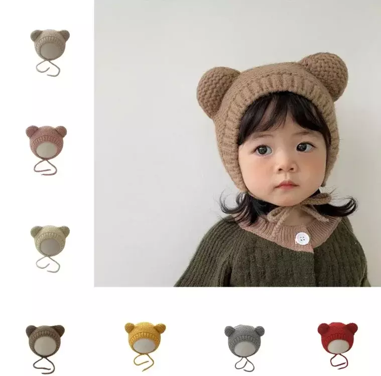 Bonnet au crochet pour nouveau-né, oreille d'ours de dessin animé, bonnet chaud pour bébé garçon et fille, accessoires de photographie pour tout-petits, doux et kawaii, automne et hiver