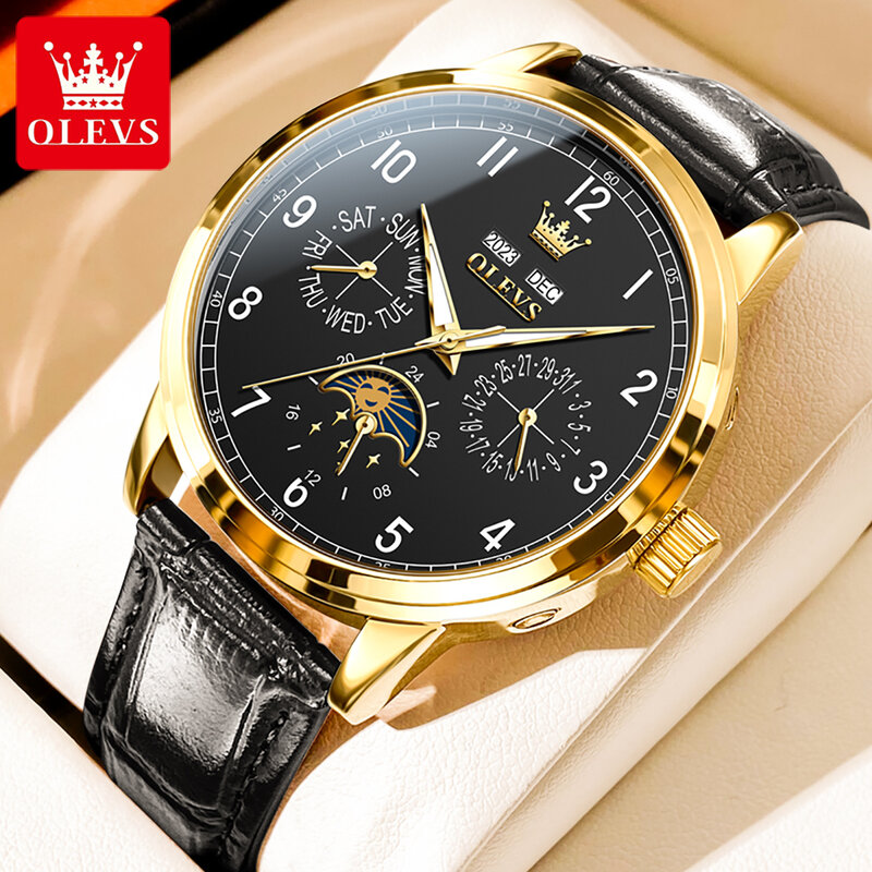OLEVS Luxury Top orologio meccanico automatico per uomo fasi lunari data automatica settimana orologio a mano cinturino in pelle orologio da uomo impermeabile nuovo