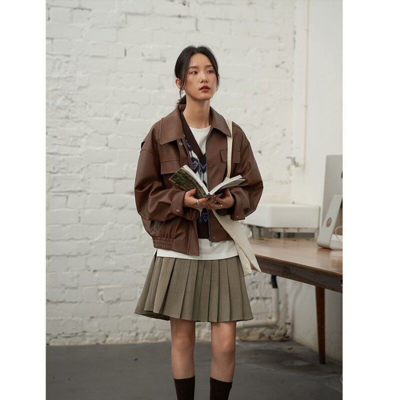Jaket kulit wanita, Deeptown Vintage pendek jaket kulit wanita Korea Fashion Y2k pakaian jalan jaket balap PU ritsleting ukuran besar estetika Harajuku