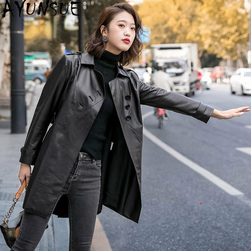 AYUNSUE Genuine Sheepskin Leather Jacket Women Elegant Mid-length Leather Jackets Real Leather Coat Female Windbreaker Laced Up